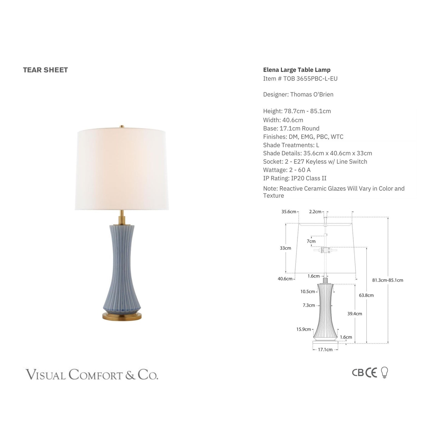 Thomas O'Brien Elena Large Ceramic Table Lamp - Polar Blue Table Lamp Bloomingdales Lighting   