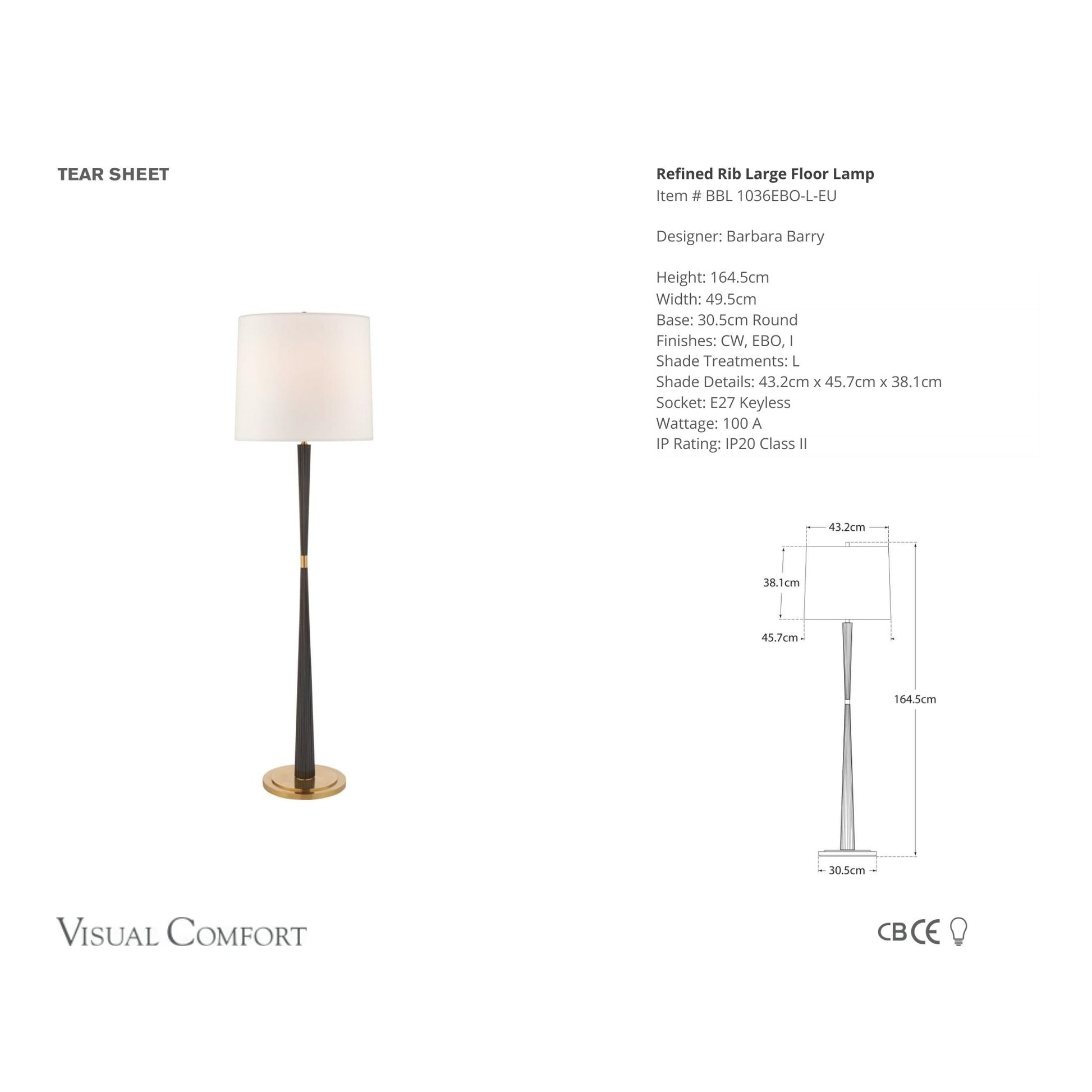 Barbara Barry Refined Rib Floor Lamp - Ebony & Brass Floor Lamp Bloomingdales Lighting   