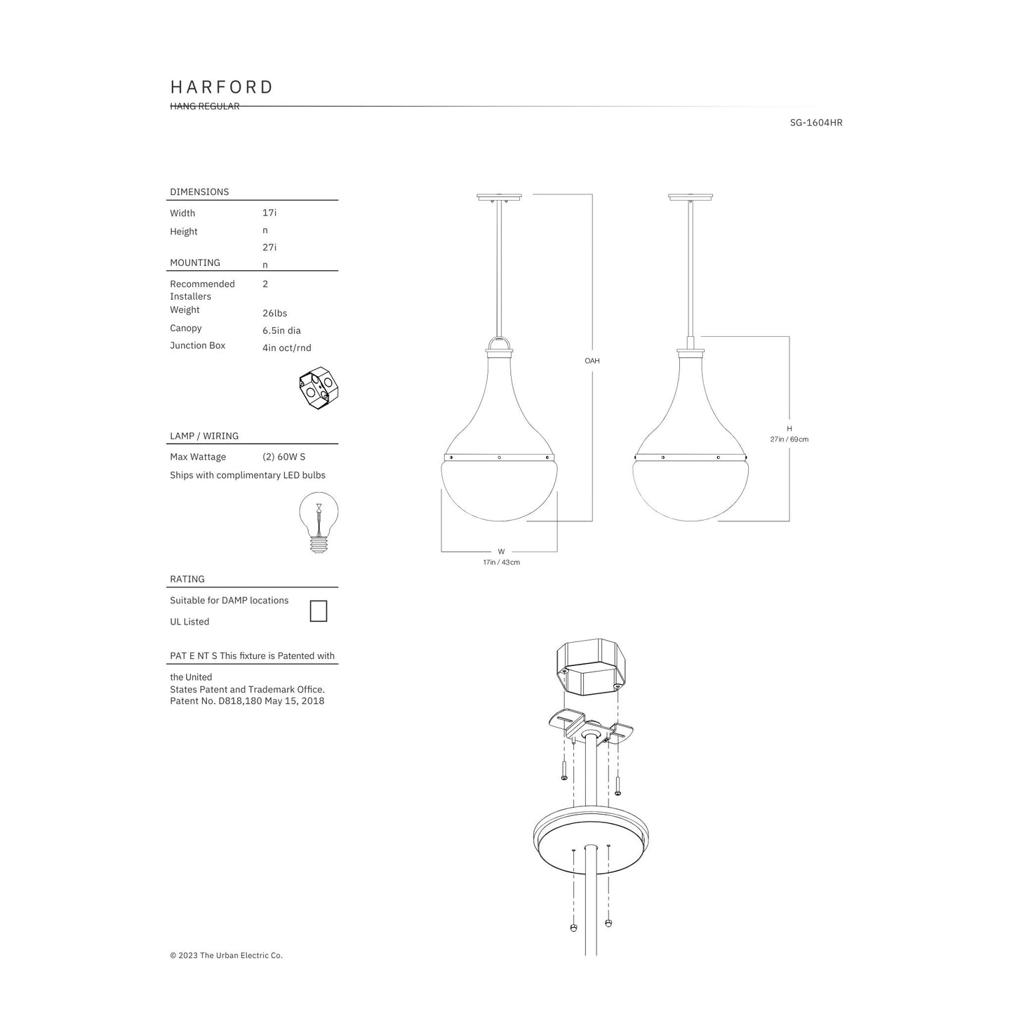 Urban Electric Co. Harford Blue Heron & Polished Nickel Hang Pendant Light Pendant Light Bloomingdales Lighting