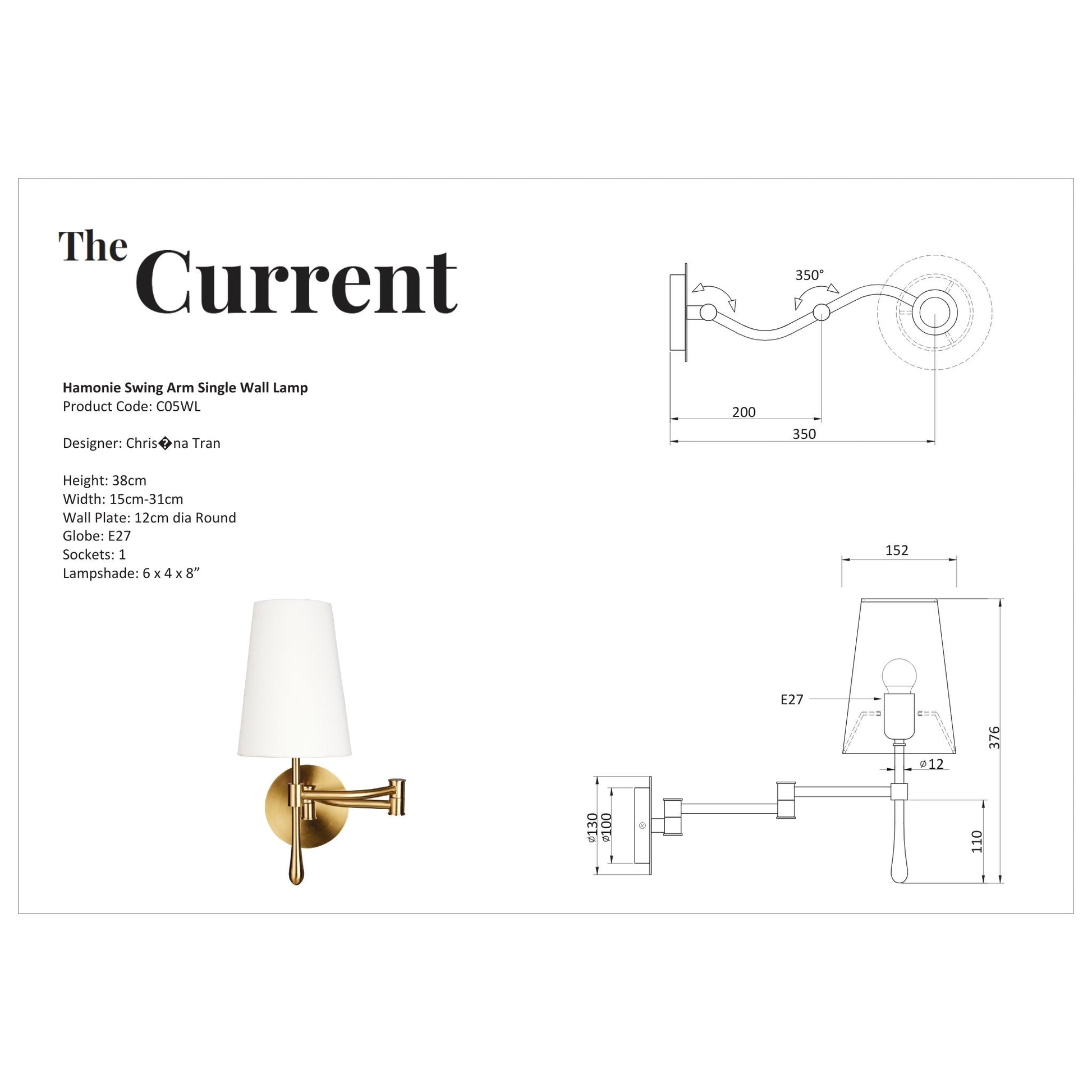 Christina Tran Harmonie Swing Arm Single Wall Lamp - Brass Wall Light Bloomingdales Lighting   