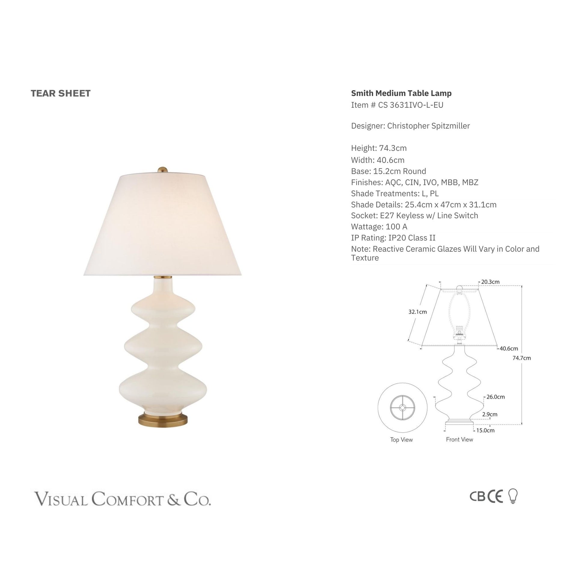 Christopher Spitzmiller Smith Medium Ceramic Table Lamp - Ivory Table Lamp Bloomingdales Lighting   