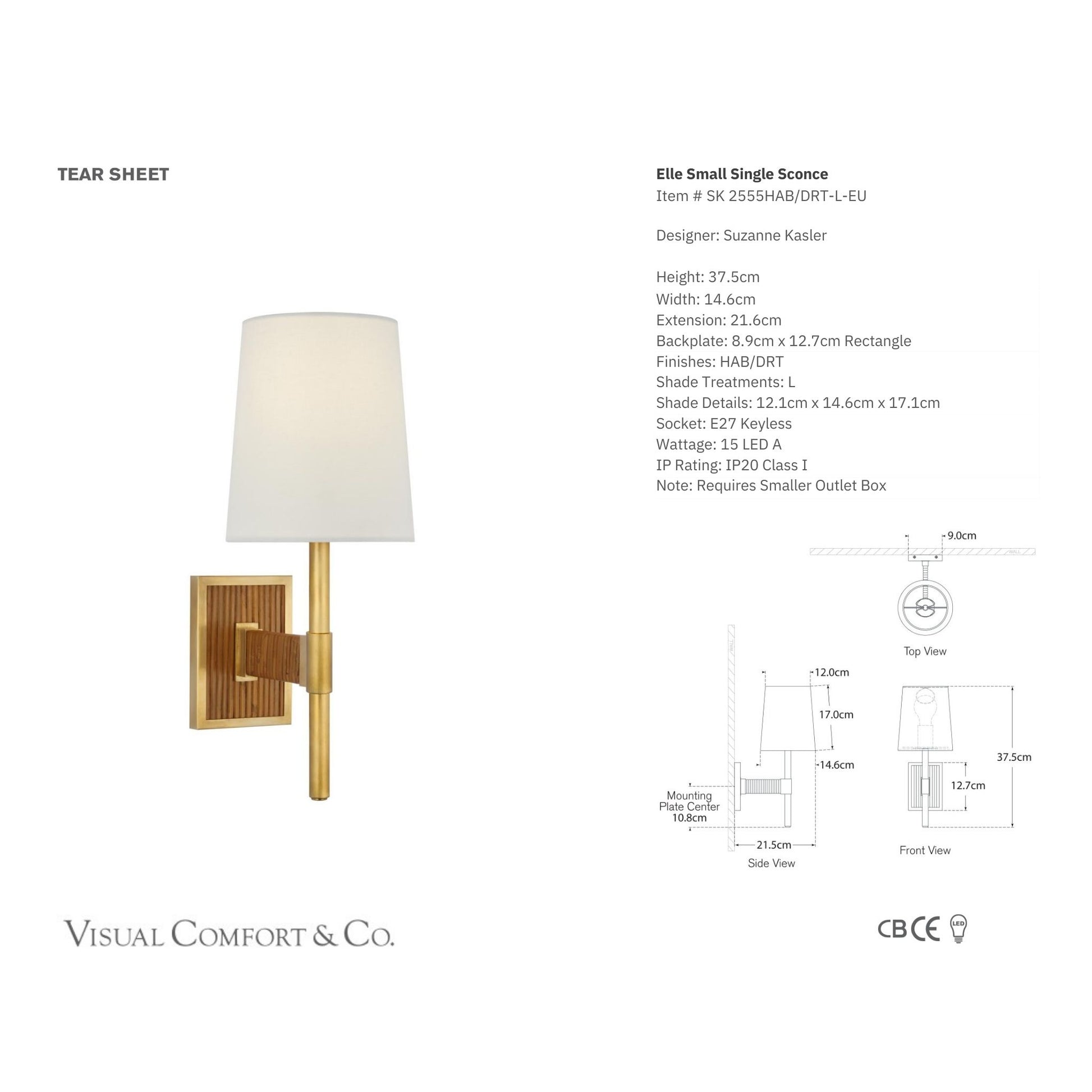 Suzanne Kasler Elle Small Single Linen Wall Sconce - Antique Brass Wall Light Bloomingdales Lighting   