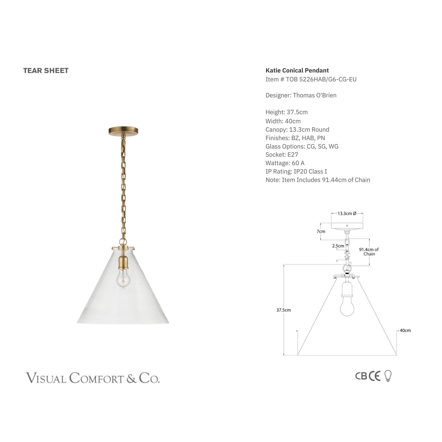 Thomas O'Brien Katie Conical Glass Pendant Light - Brass Pendant Light Bloomingdales Lighting   