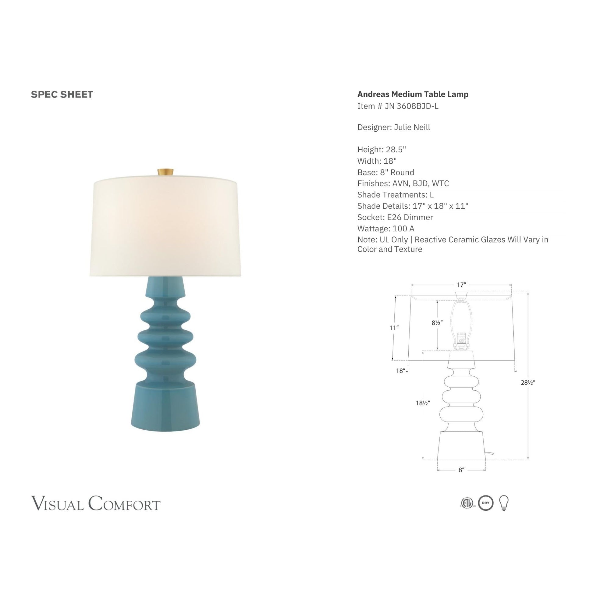 Julie Neill Andreas Medium Ceramic Table Lamp - Blue Jade Table Lamp Bloomingdales Lighting   