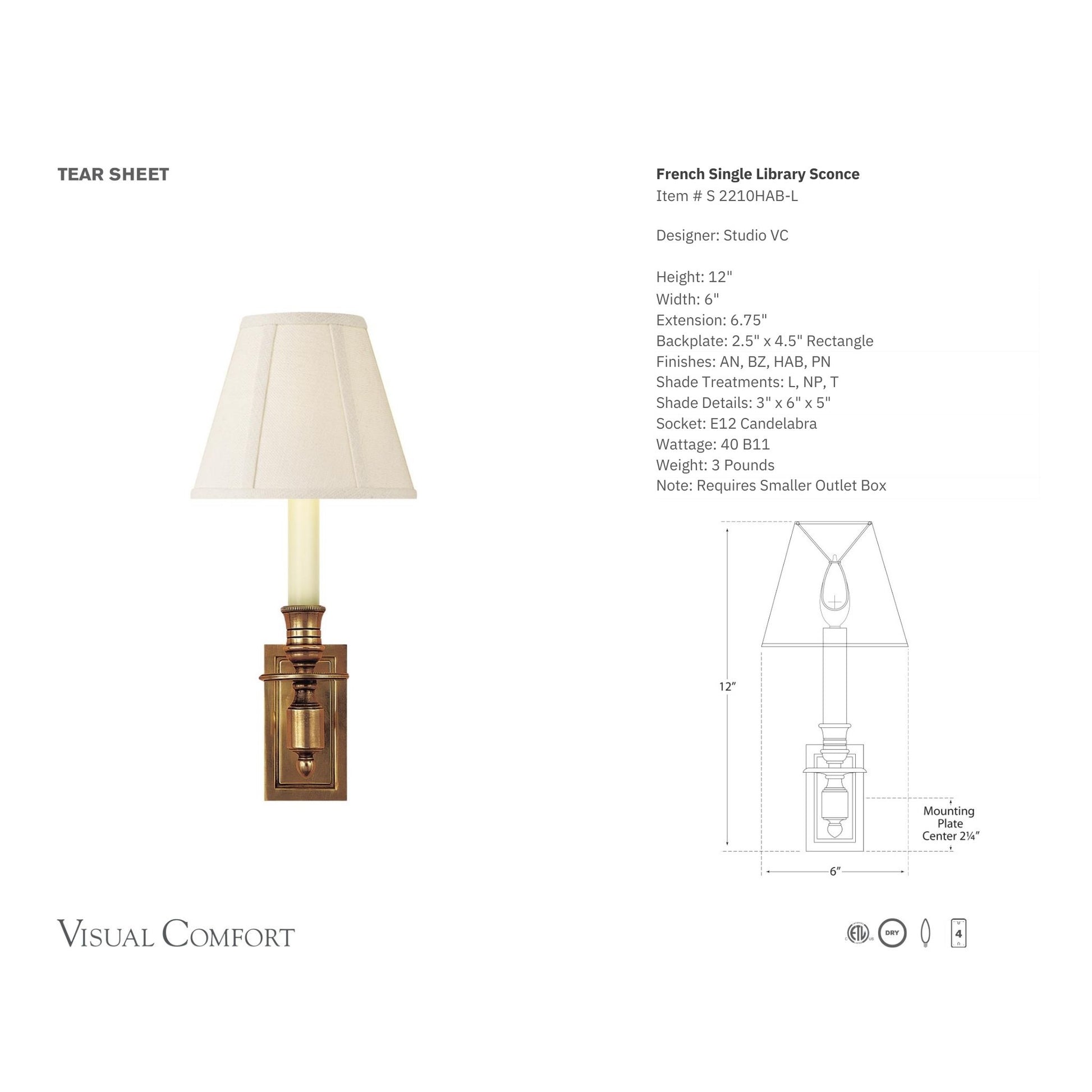 Studio VC French Single Library Wall Sconce - Brass Wall Light Bloomingdales Lighting   