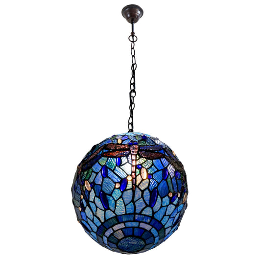 Tiffany Blue Dragonfly Round Stained Glass Pendant Light Pendant Light G&G Bros Round  