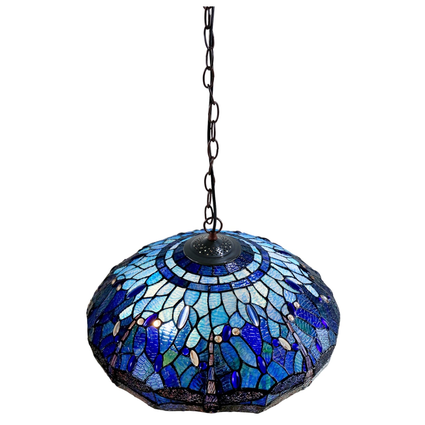 Tiffany Blue Dragonfly Stained Glass Pendant Light Pendant Light G&G Bros Round  