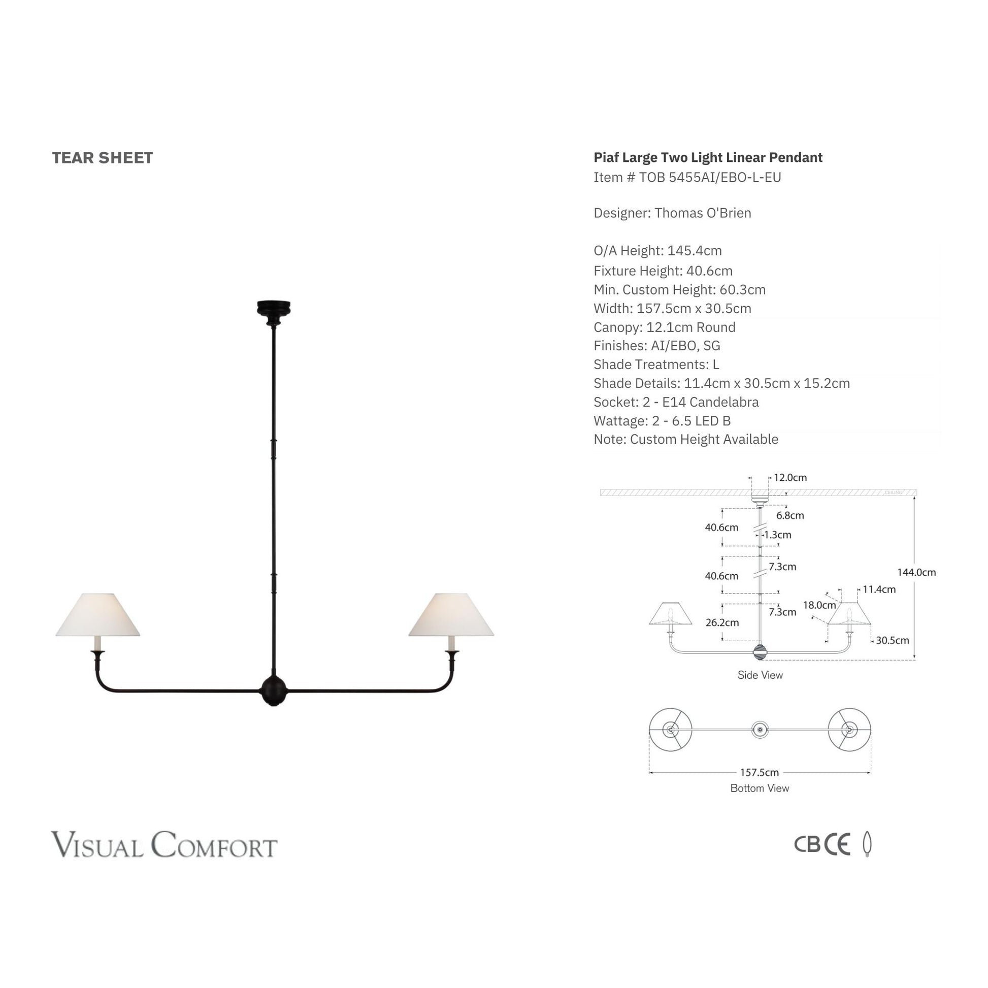 Thomas O'Brien Piaf Large Two-Light Linear Pendant Light - Aged Iron with Ebonized Oak Pendant Light Bloomingdales Lighting   