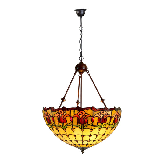 Tiffany Red Tulip 3-Arm Stained Glass Pendant Light Pendant Light G&G Bros 3-Arm  