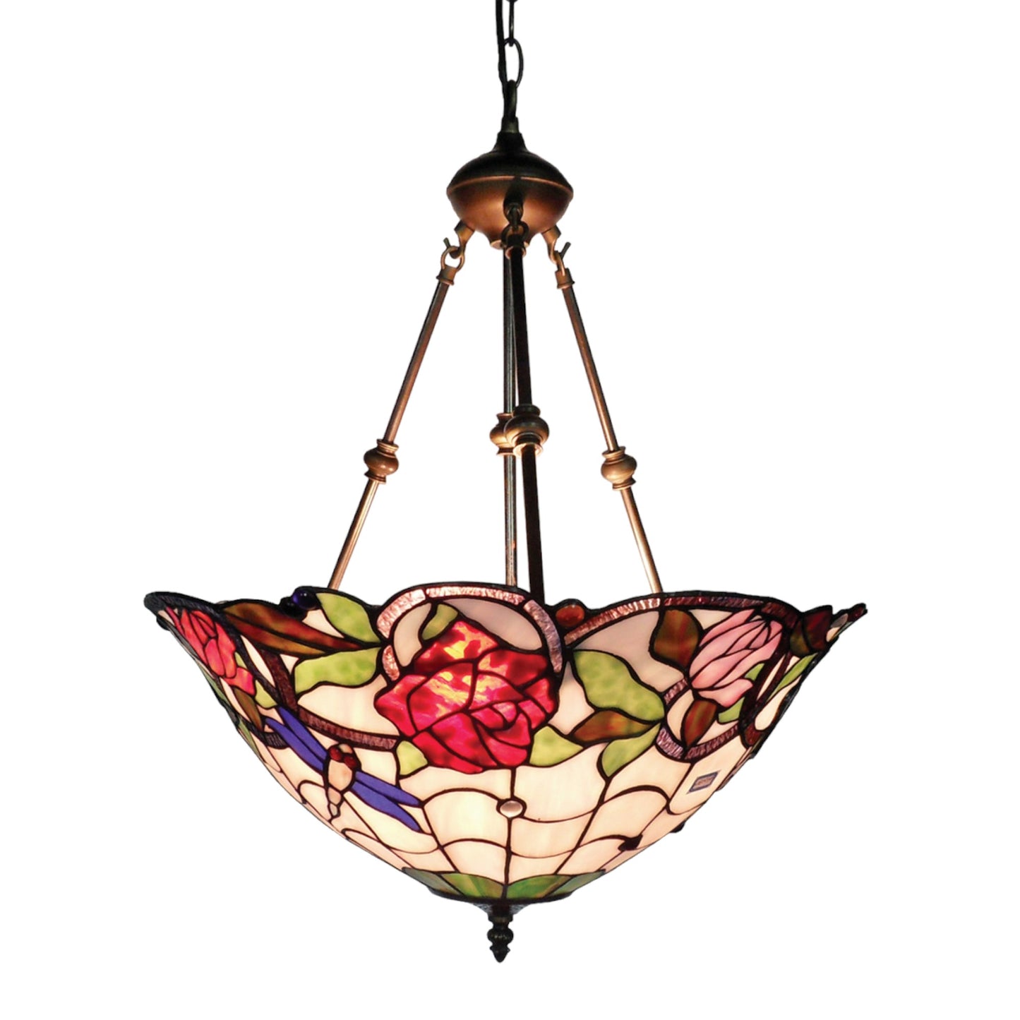 Tiffany Rose & Dragonfly Stained Glass Pendant Light Pendant Light G&G Bros 3-Arm  