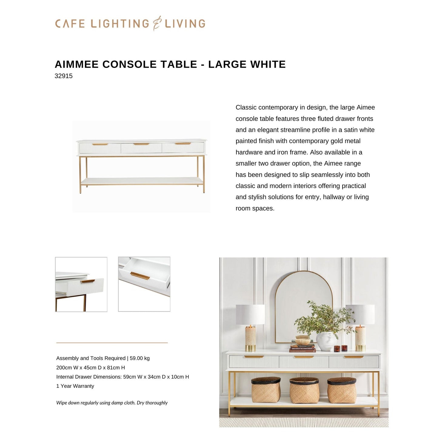 Aimee Large Three Drawer Console Table - White and Gold Console Table Cafe Lighting & Living   