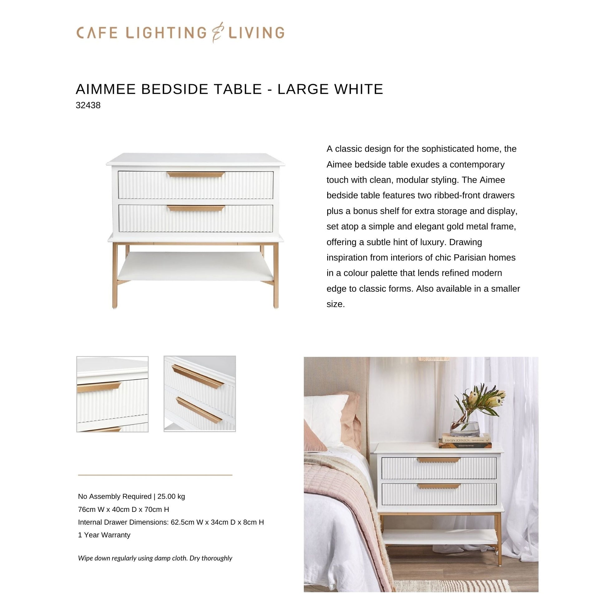 Aimee Large Two Drawer Bedside Table - White Bedside Table Cafe Lighting & Living   