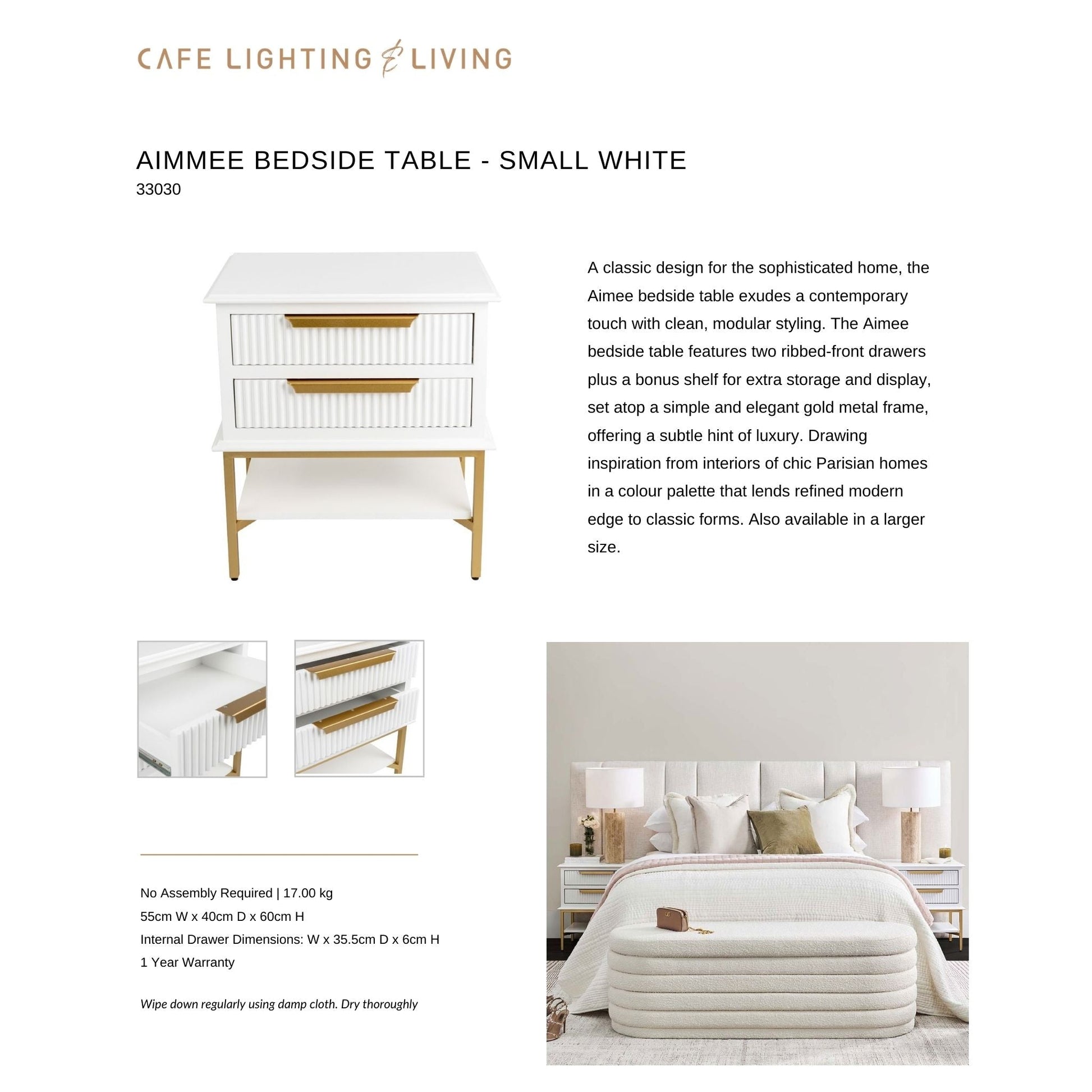 Aimee Small Two Drawer Bedside Table - White Bedside Table Cafe Lighting & Living   