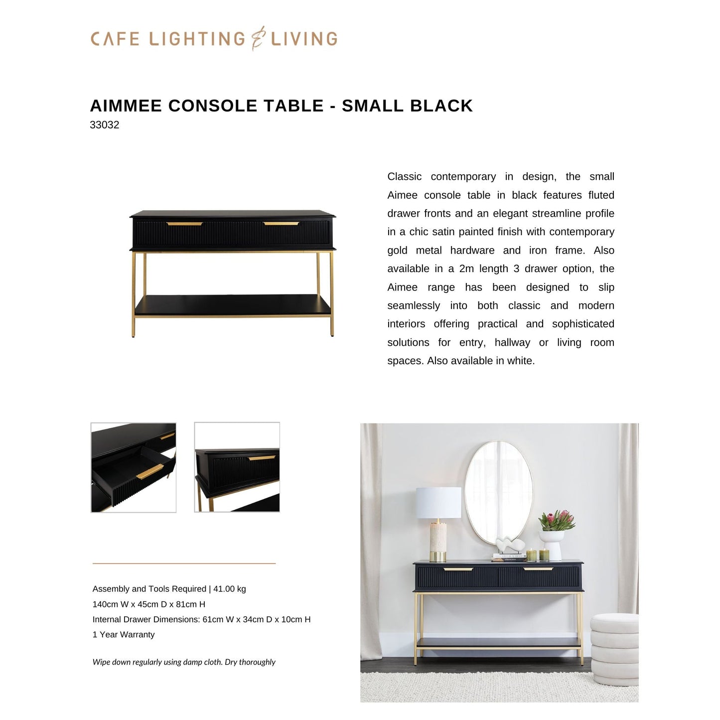 Aimee Small Two Drawer Console Table - Black and Gold Console Table Cafe Lighting & Living   