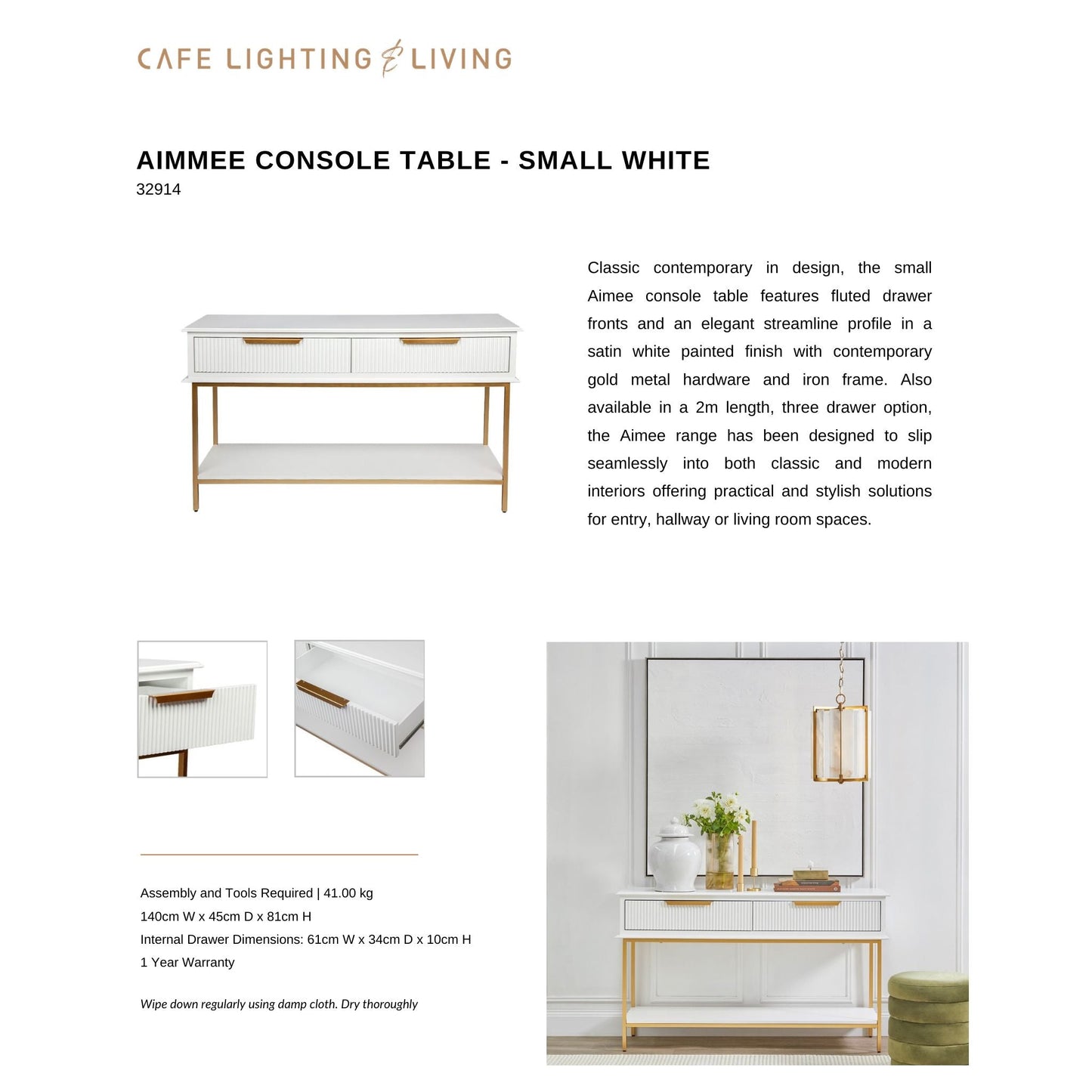 Aimee Small Two Drawer Console Table - White and Gold Console Table Cafe Lighting & Living   