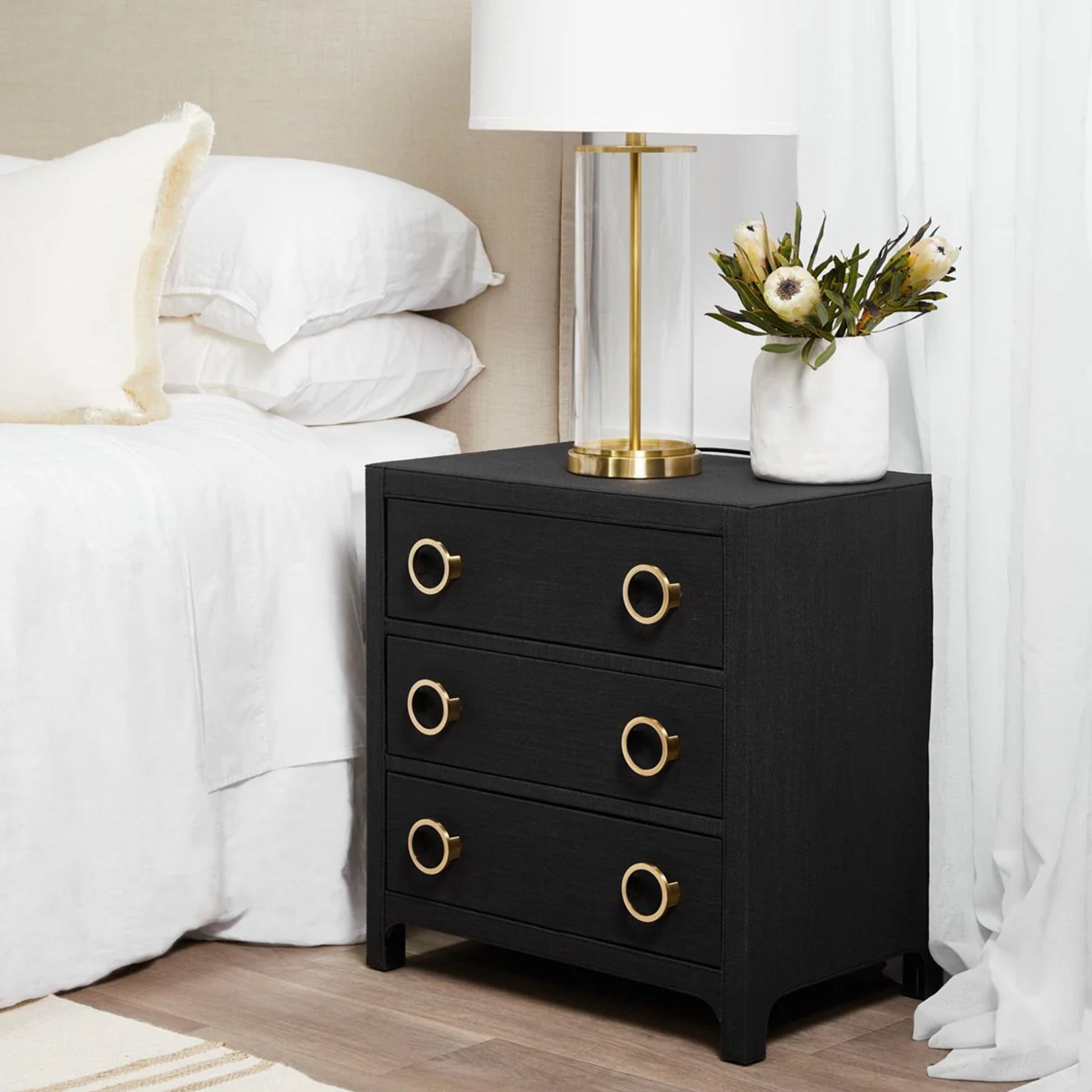 Astley Upholstered Linen Bedside Table - Charcoal Bedside Table Cafe Lighting & Living   