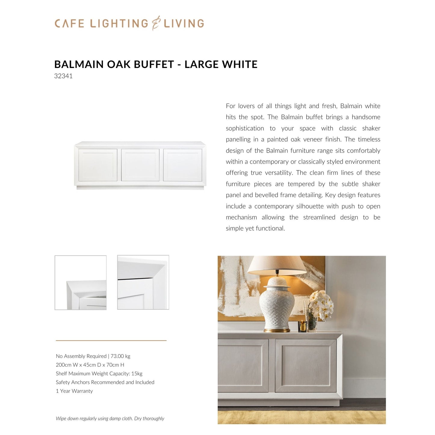 Balmain Large Shaker Panel Buffet Table - White Buffet Table Cafe Lighting & Living   