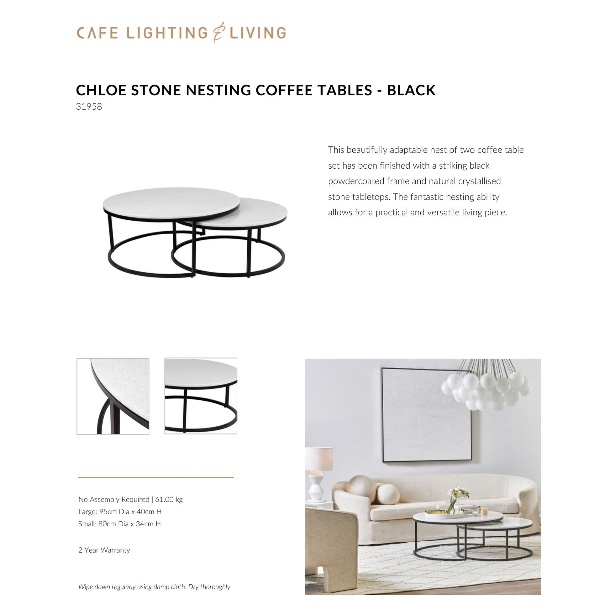 Chloe Stone Nesting Coffee Tables - Black Coffee Table Cafe Lighting & Living   