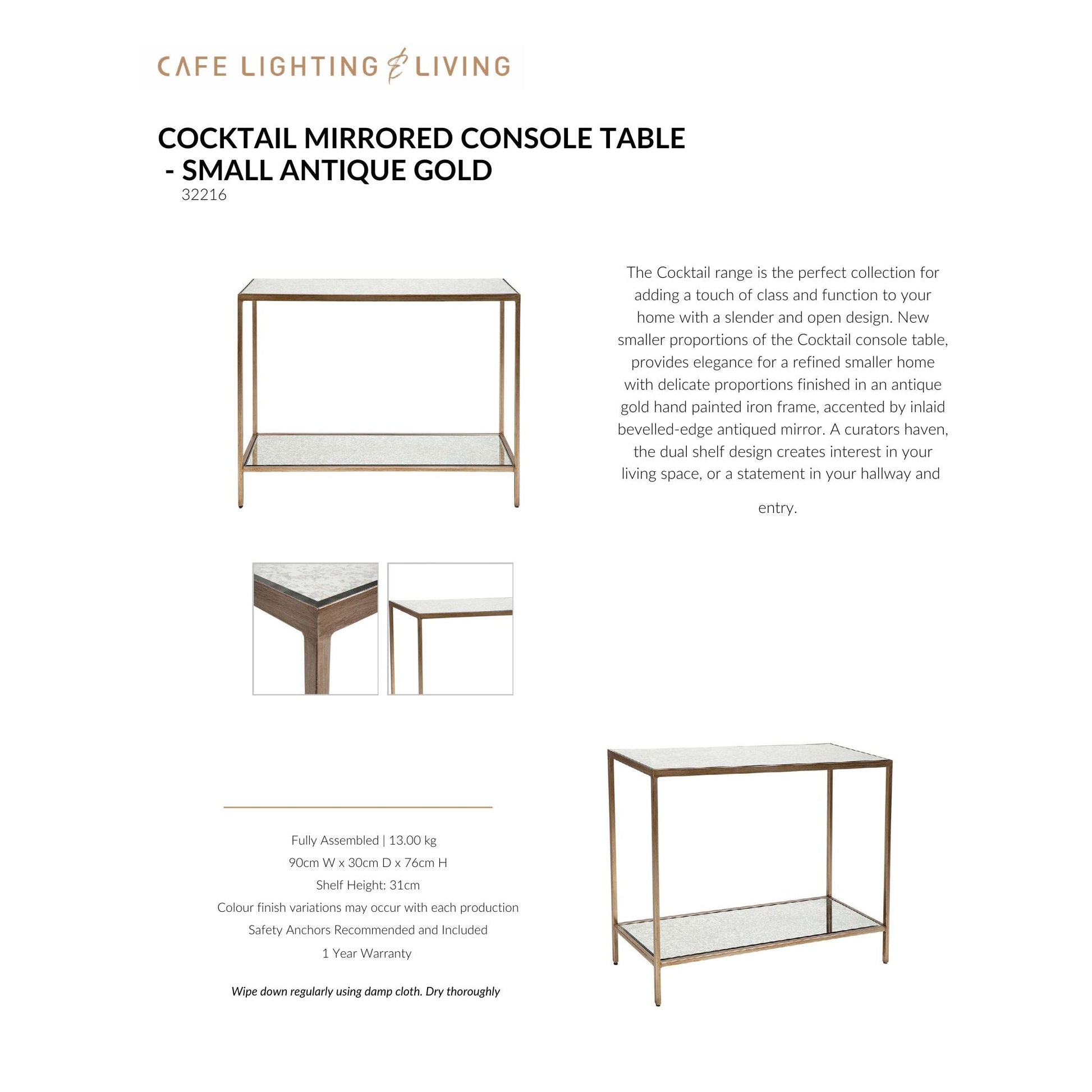 Cocktail Small Mirrored Console Table - Antique Gold Console Table Cafe Lighting & Living   