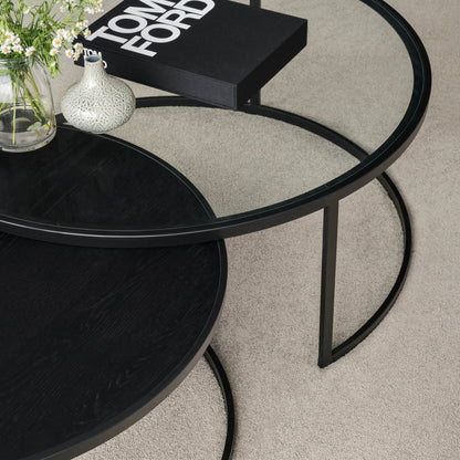 Franklin Round Oak Wood & Glass Nesting Coffee Table - Black Coffee Table M+Co Living