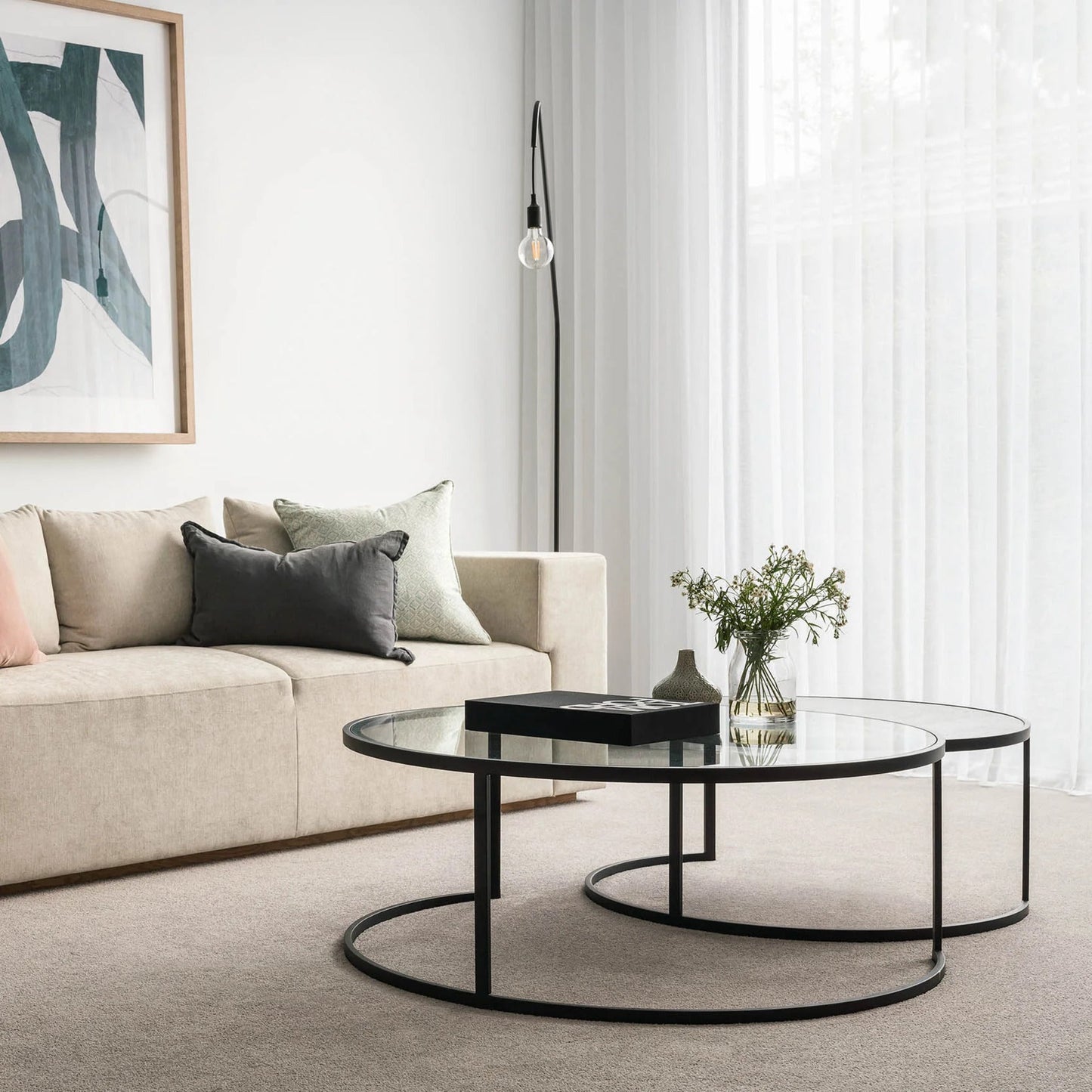 Franklin Round Oak Wood & Glass Nesting Coffee Table - Black Coffee Table M+Co Living