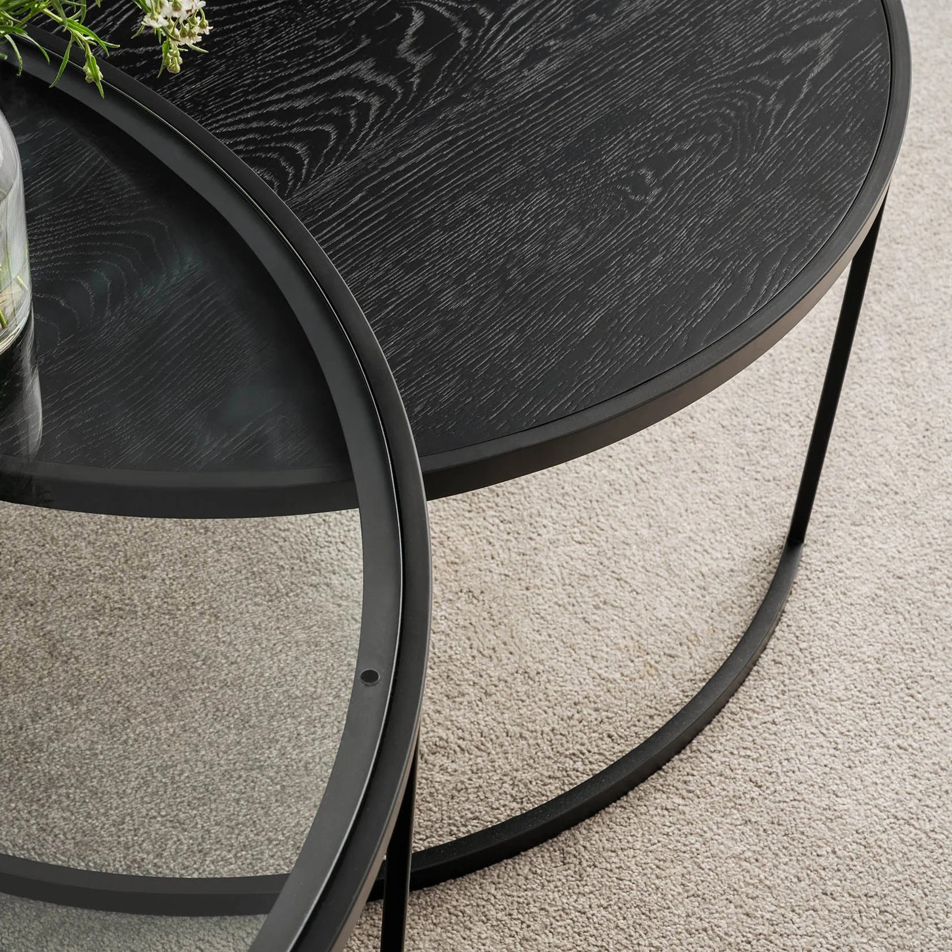 Franklin Round Oak Wood & Glass Nesting Coffee Table - Black Coffee Table M+Co Living