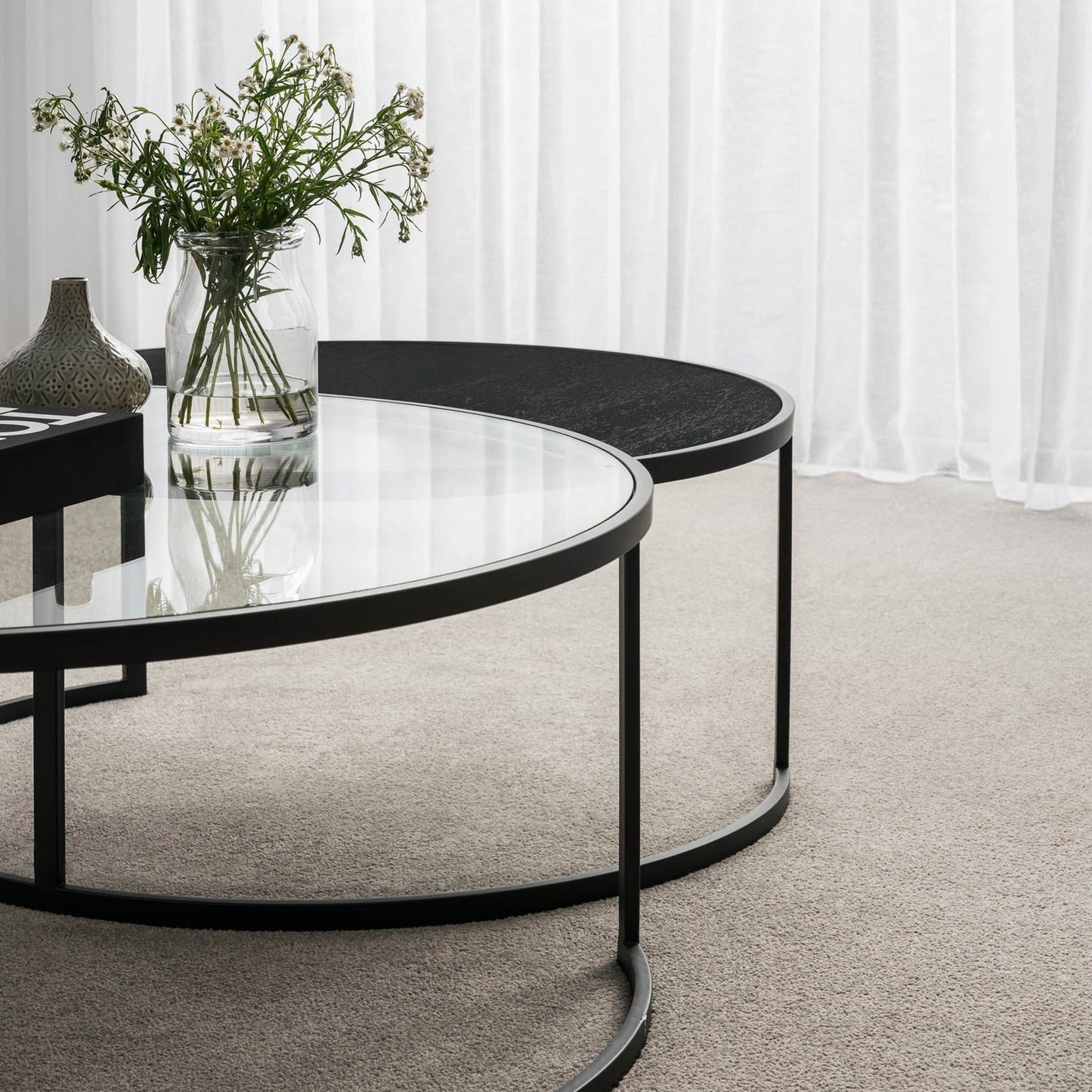 Franklin Round Oak Wood & Glass Nesting Coffee Table - Black Coffee Table M+Co Living