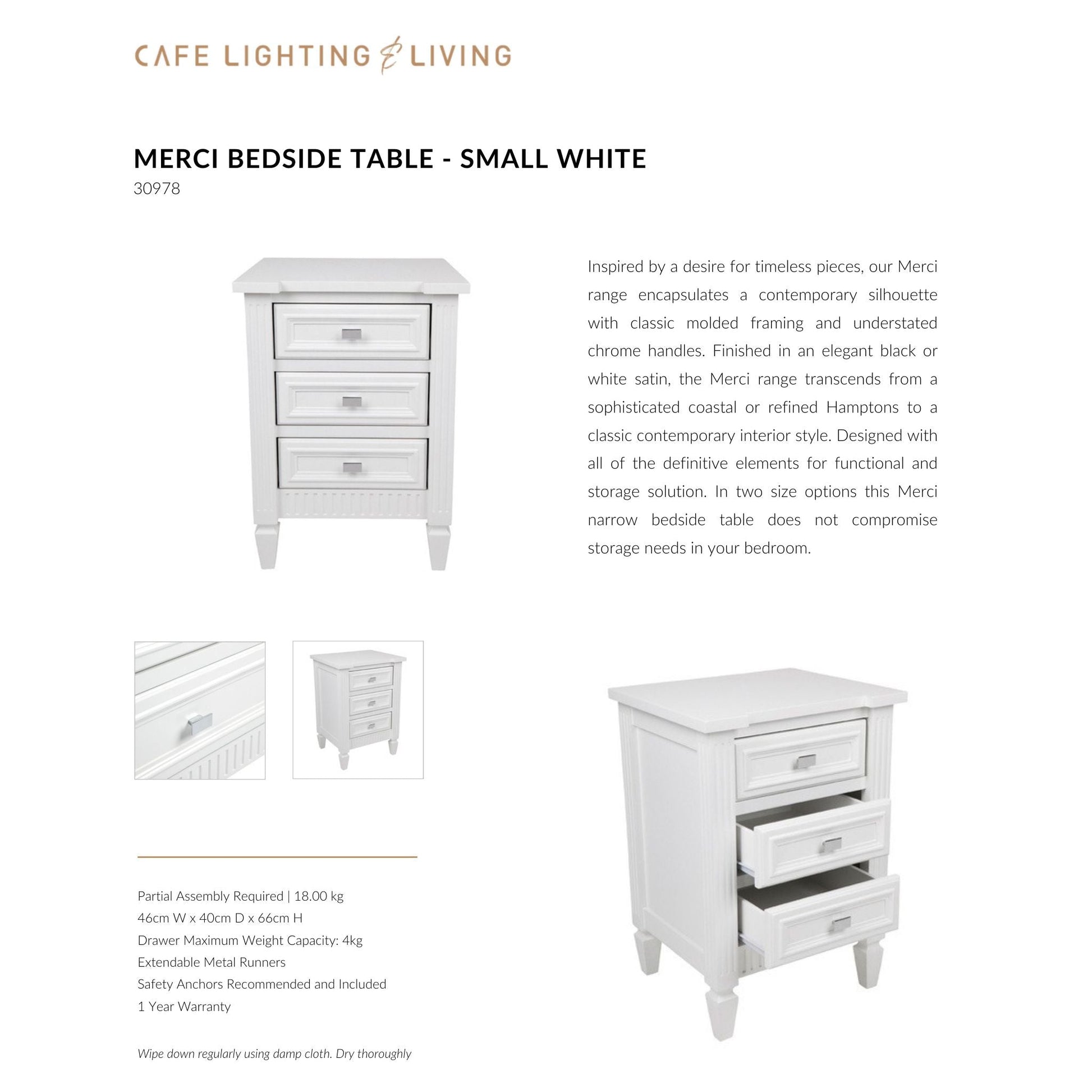 Merci Small Three Drawer Bedside Table - White Bedside Table Cafe Lighting & Living   