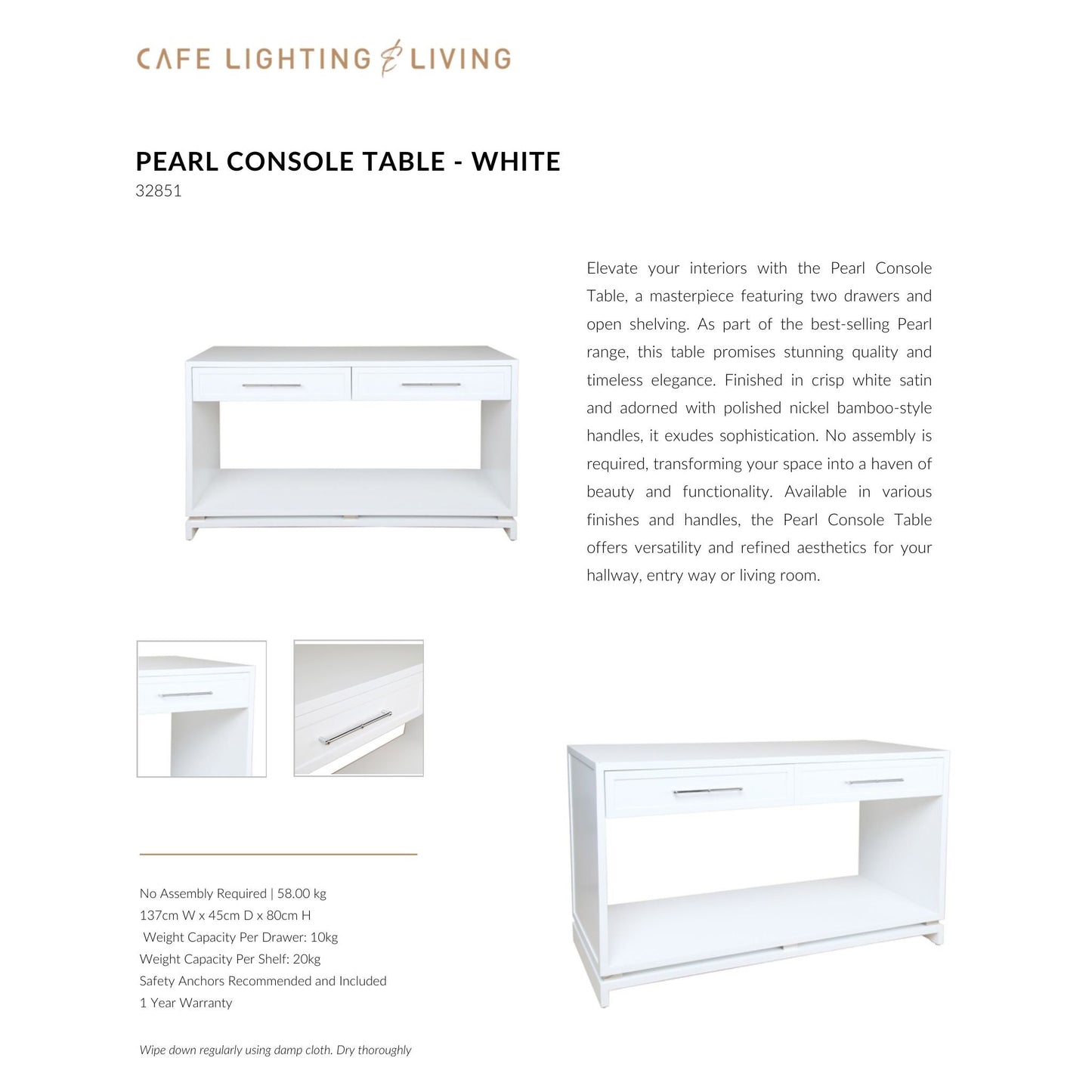 Pearl Two Drawer Open Console Table - White Console Table Cafe Lighting & Living   