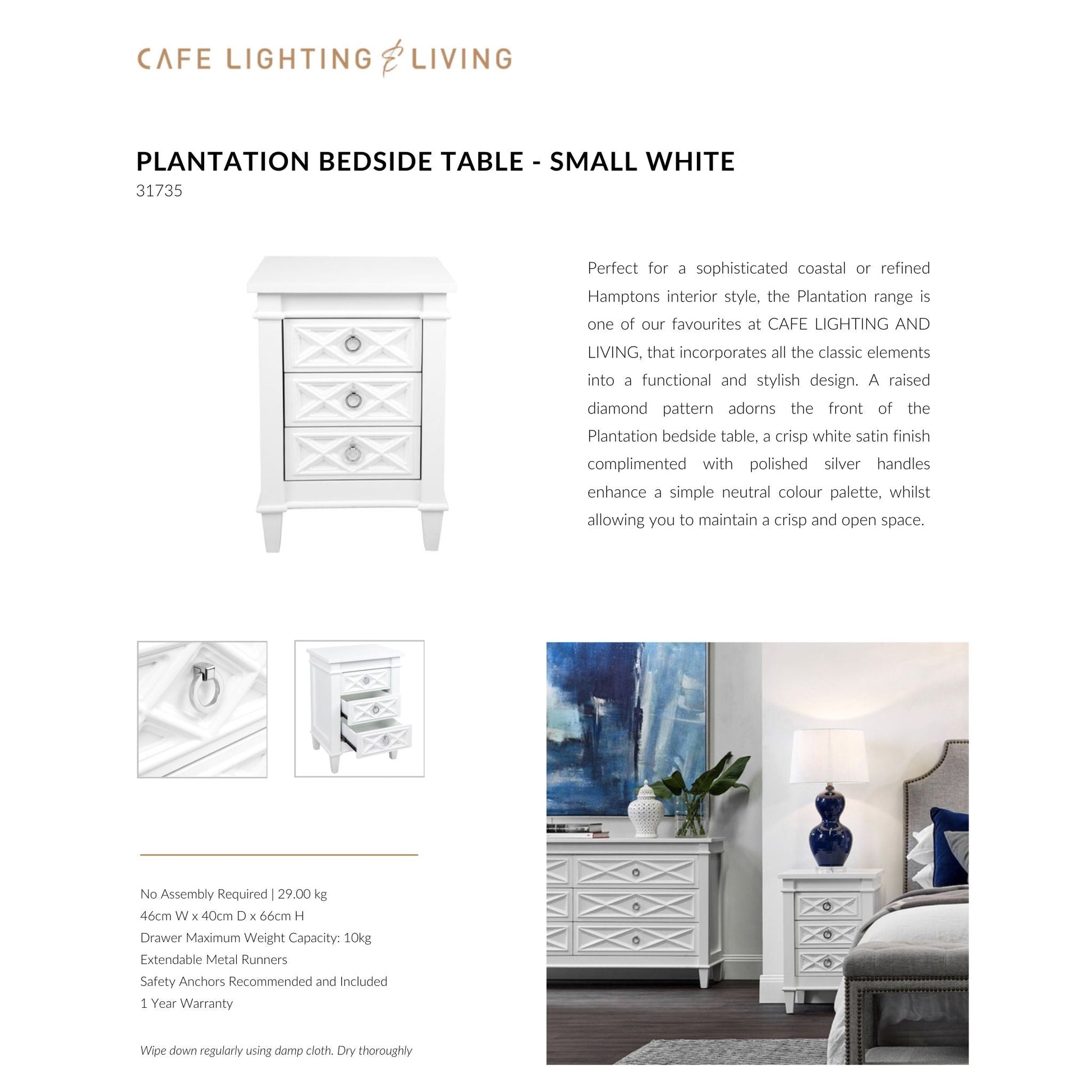 Plantation Small Three Drawer Bedside Table - White Bedside Table Cafe Lighting & Living   