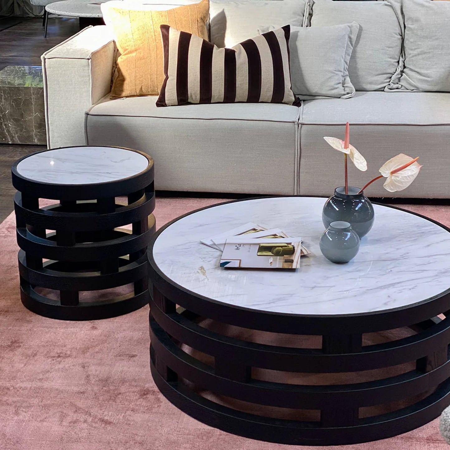 Polix Round White Marble Coffee Table - Black Coffee Table M+Co Living