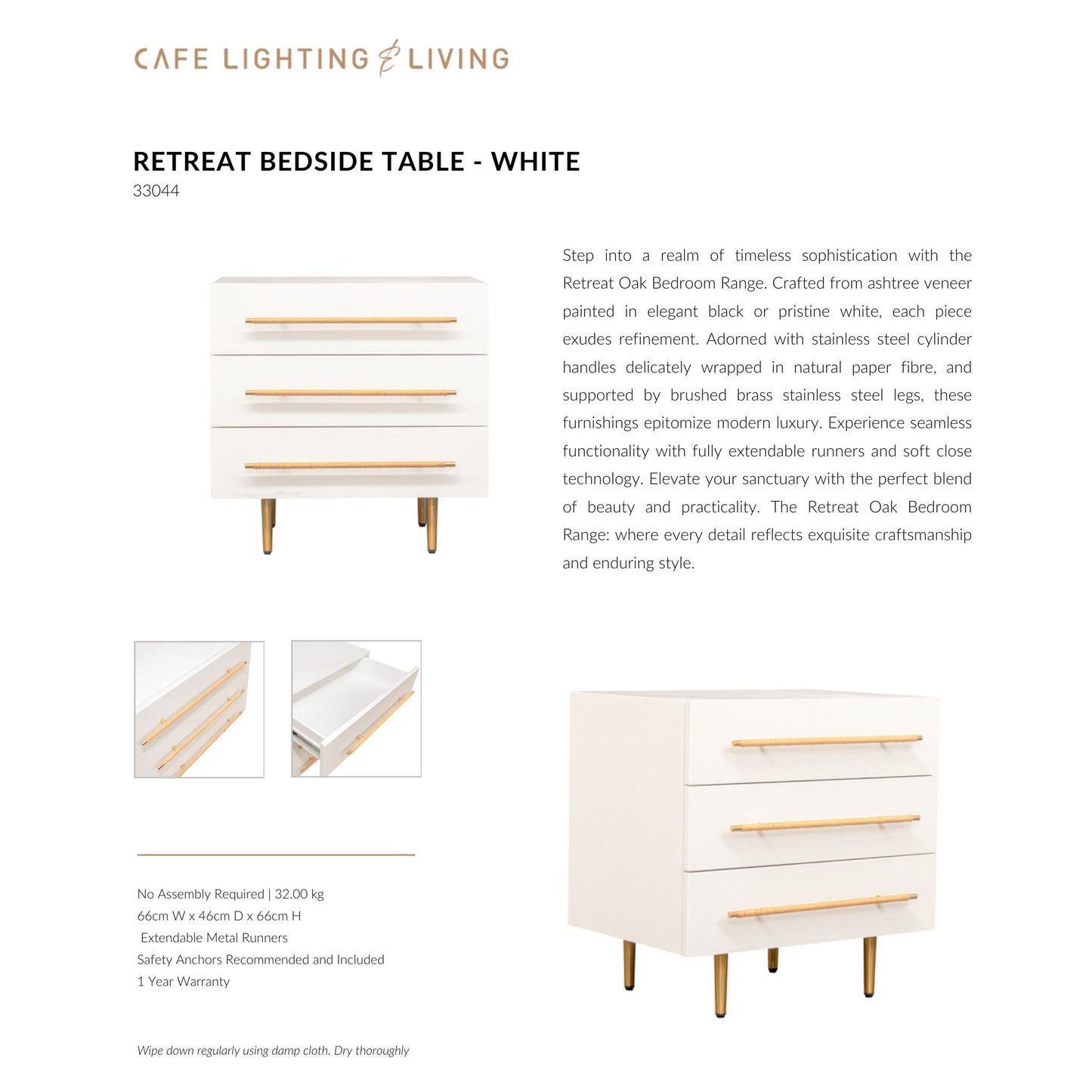 Retreat Ash Wood Bedside Table - White Bedside Table Cafe Lighting & Living   