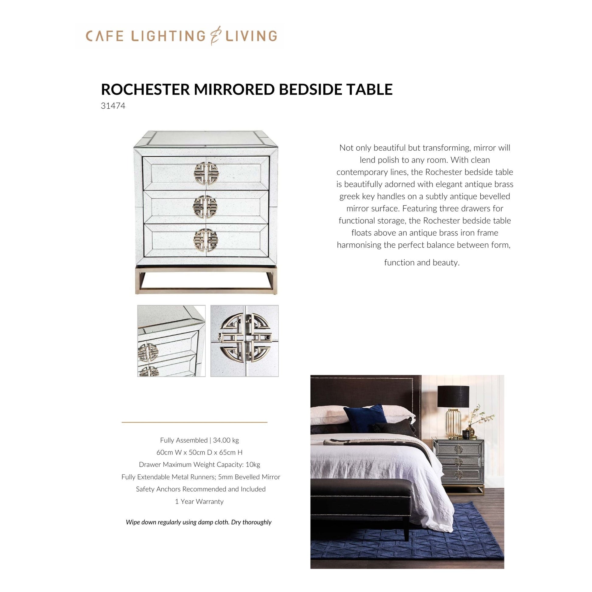 Rochester Mirrored Bedside Table - White Bedside Table Cafe Lighting & Living   